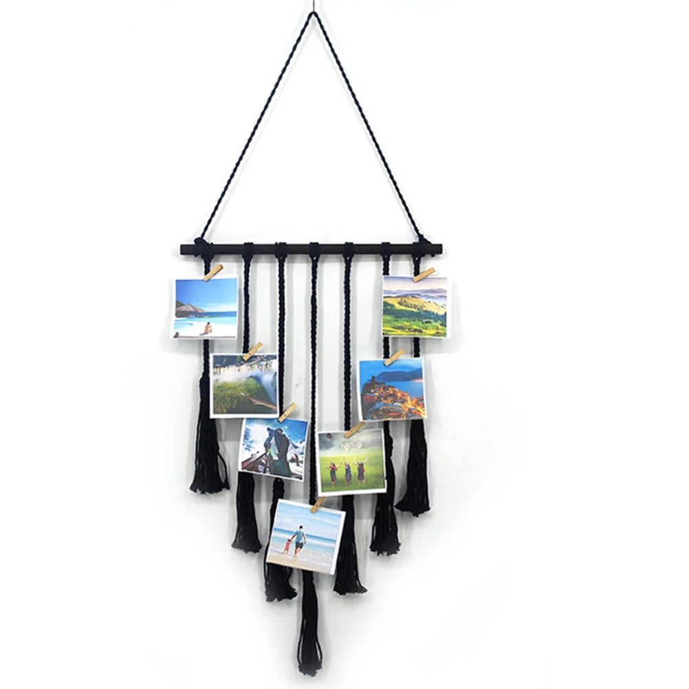 

Macrame Photo Display Wall Decor Hanging Tassel Picture Grid Wooden Hanger Clip Adjustable Size Home Office Room Tapestry