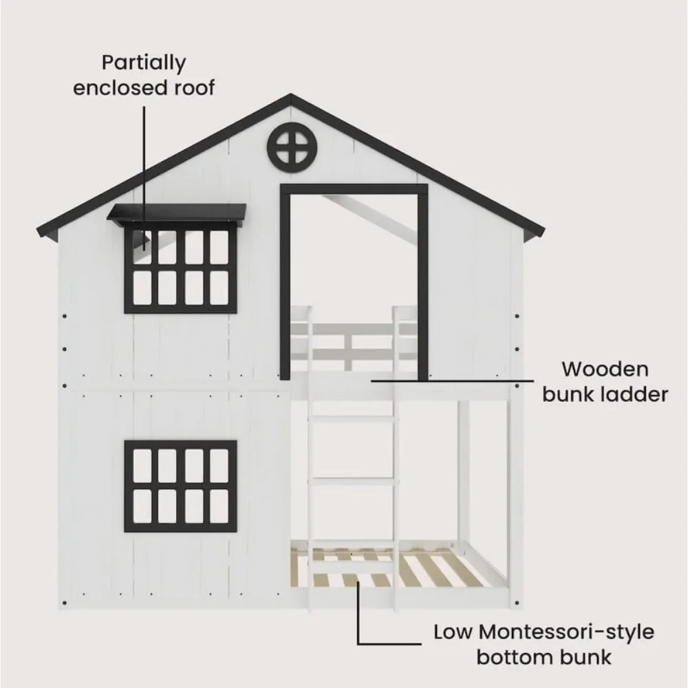 Criança artesanato moderno fazenda gêmeo sobre beliche duplo para crianças, beliche baixo montessori de madeira, fácil de acessar escada para beliche superior