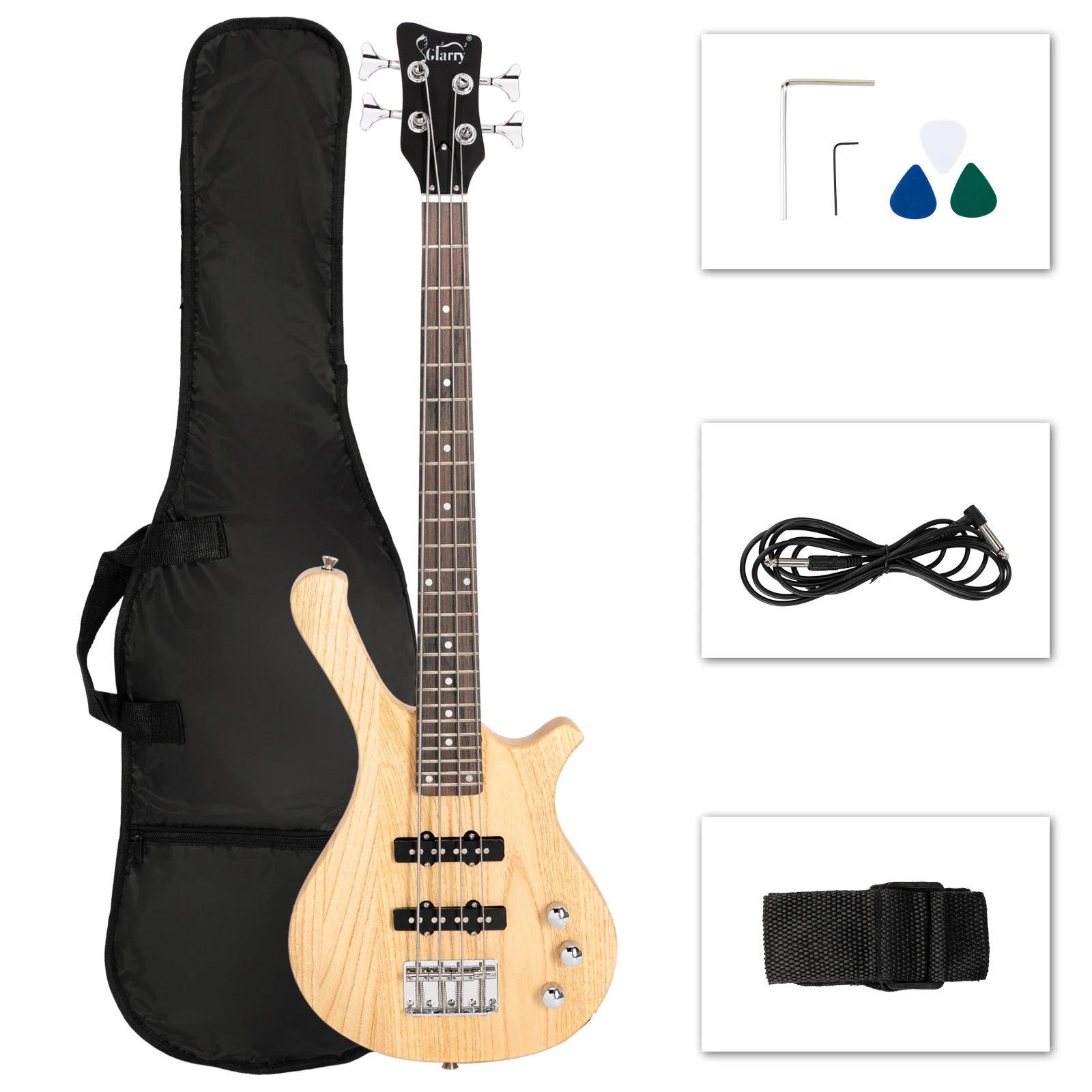 Glarry GW101 36in Small Scale Electric Bass Guitar Suit With Mahogany Body SS Pickups, Guitar Bag, Strap, Cable Burlywood