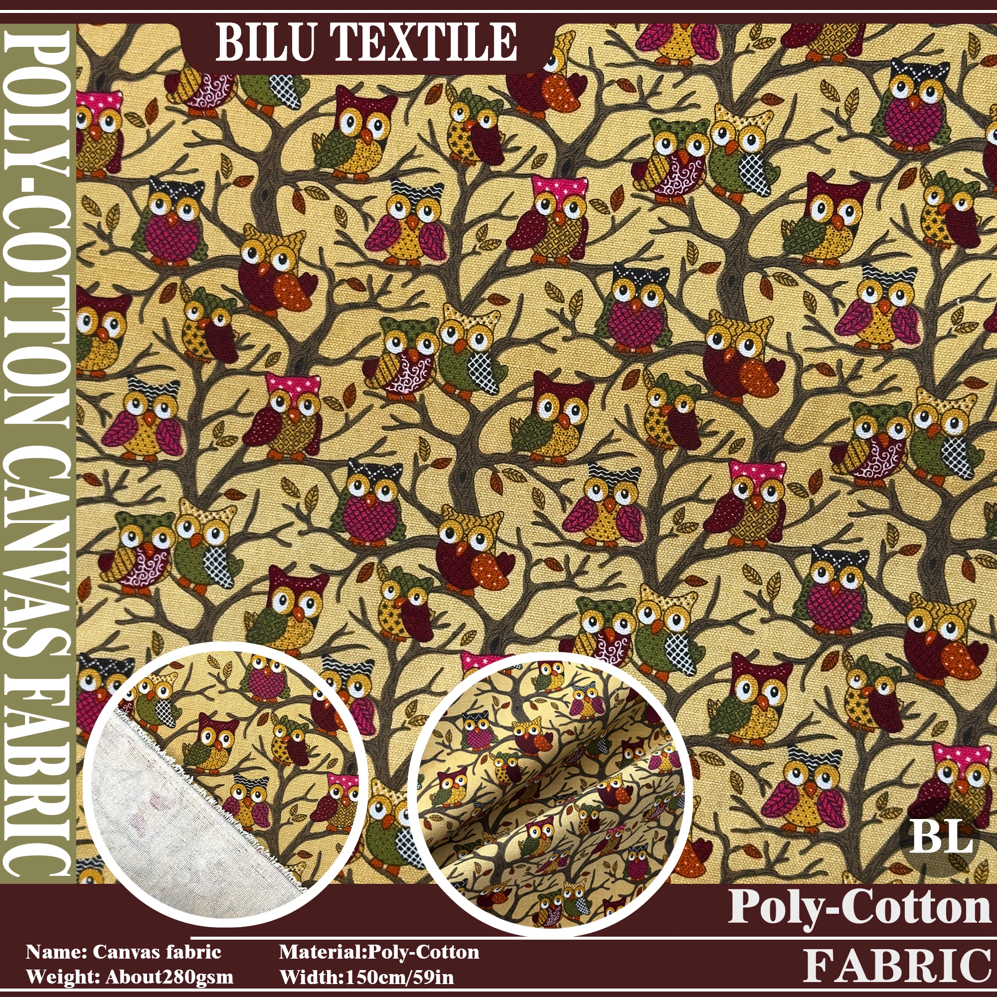 

1M/2M/3M Owl Print Poly-Cotton Canvas Fabric,handmade DIY sewing tent tablecloth,luggage,Sofa Covers,Backpack,home textile Cloth