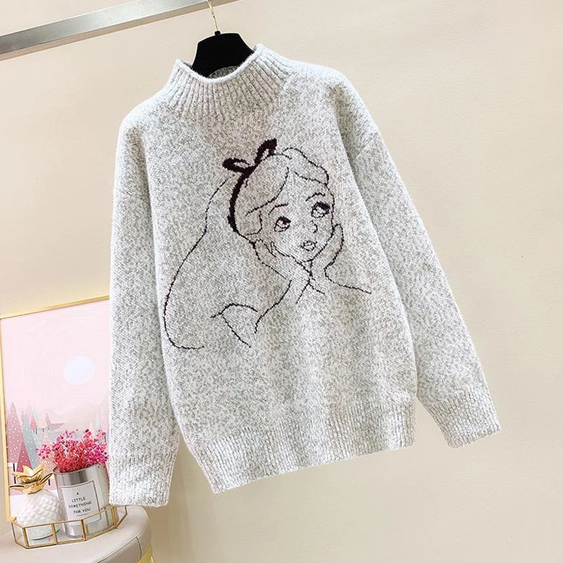 Women Winter Kawaii Cartoon Half High Collar Thick Knitted Sweater Casual Streetwear Long Sleeve Loose Pullover Tops Y2K Jumpers