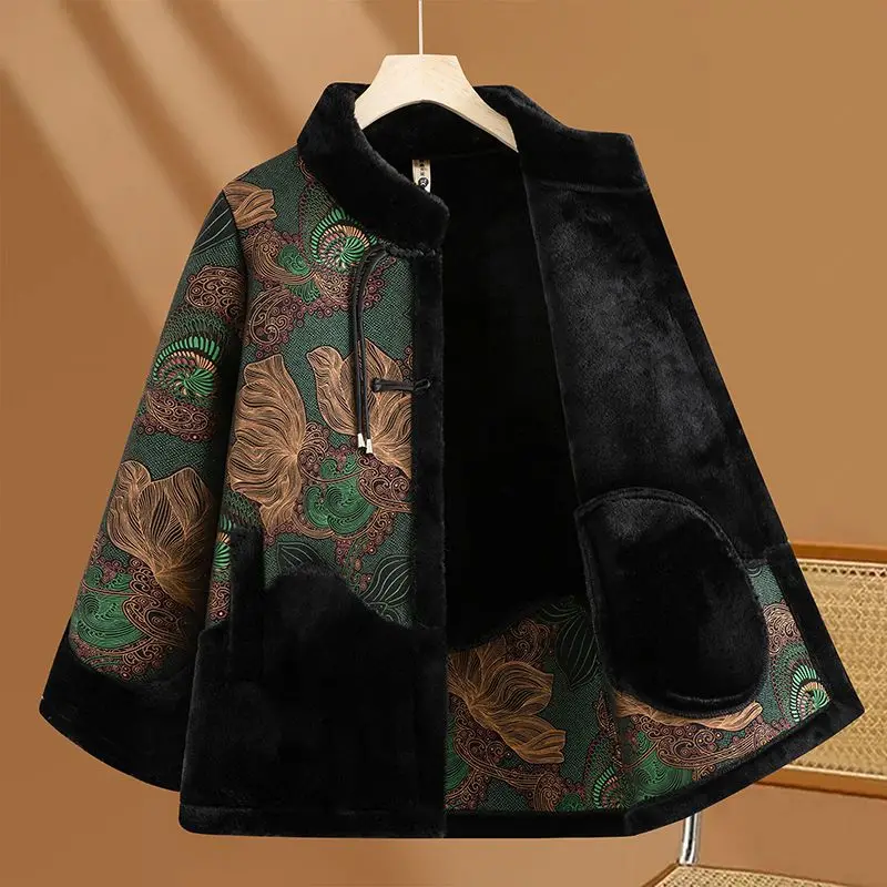 Fur Integrated Winter Jacket Middle-aged Elderly Mother Cotton Padded Coat Grandmother's Thick Velvet Warm Parkas Fur Overcoat