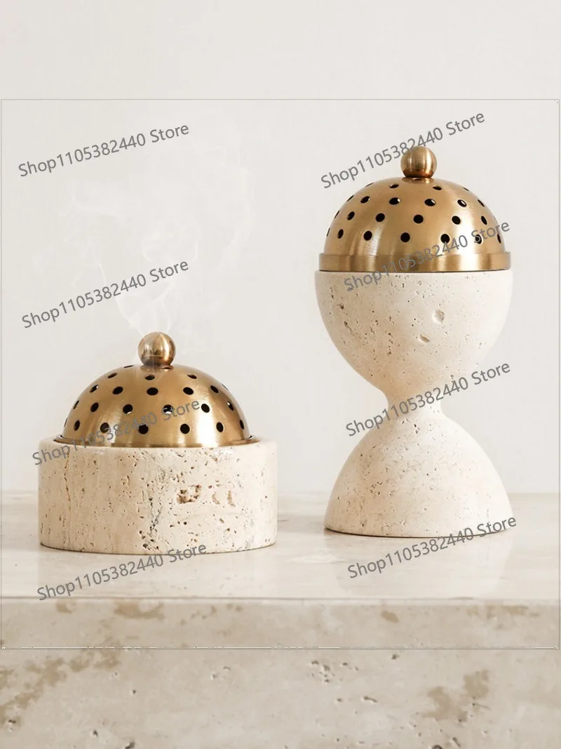 Wabi-Sabi Natural Travertine Aromatherapy Burner, Vintage Metal Candle Holder, Luxury Desktop Ornament for Home Decor