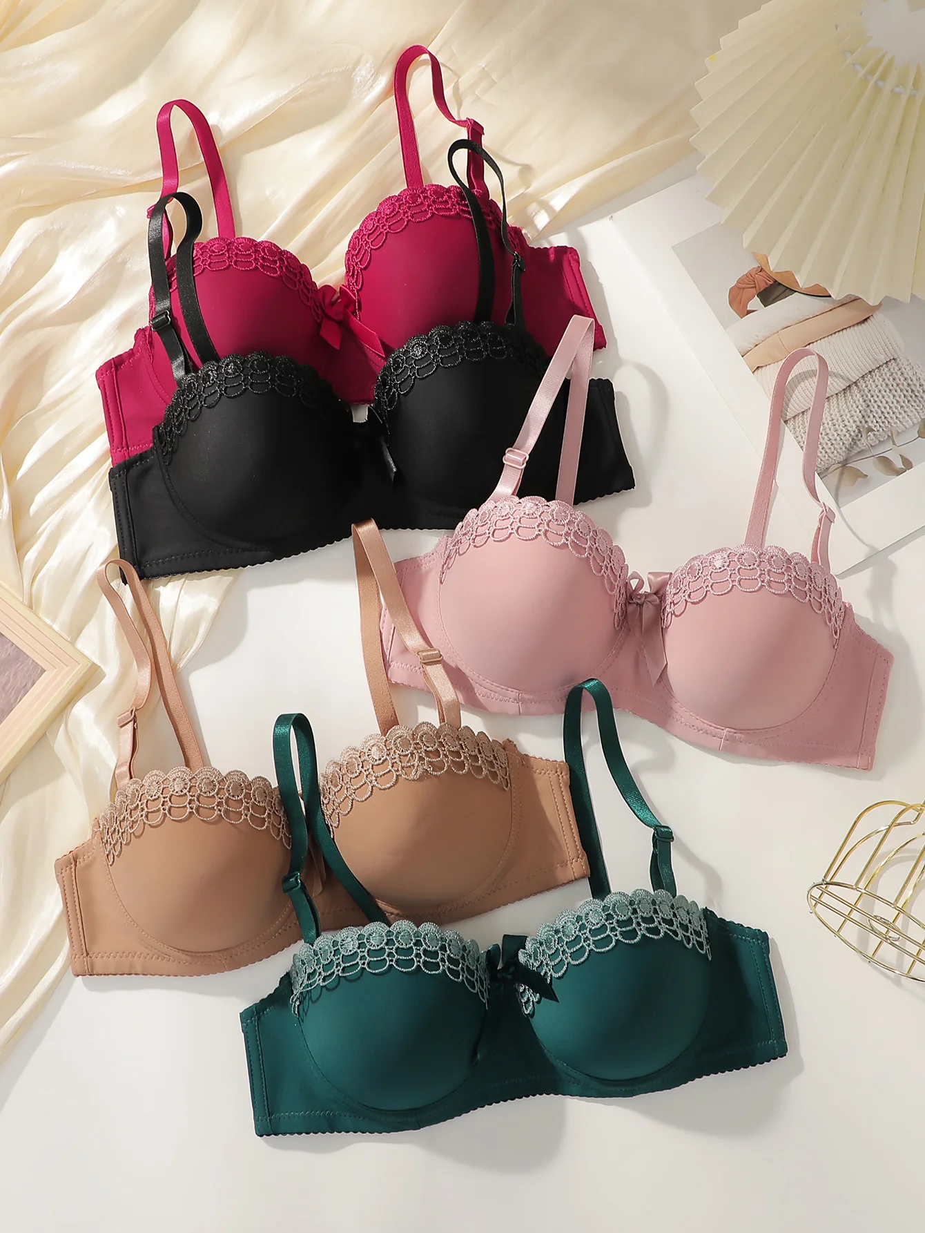 Womens Underwire Push Up Bra Elegant Bow Flower Ruffles Lace Bralette Sleep Soft Comfort Everyday Support Sleepwear Lounge