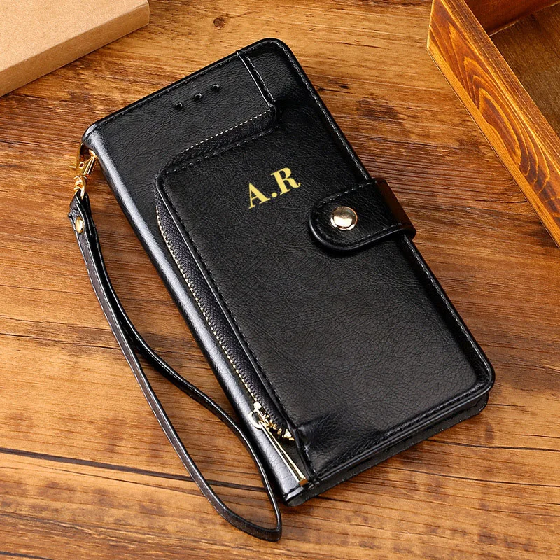 Custom Gold Name Personalize Initial Flap Wallet Leather Case For iphone 14 Pro Max 13 12 Pro 11 X XS XR 7 Luxury Card insertion