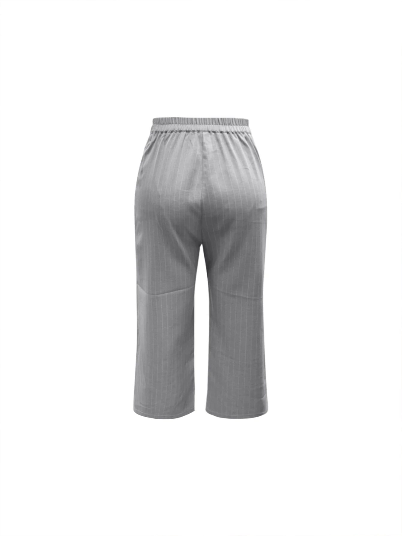 سترة بدلة عصرية وأنيقة مخططة باللون الرمادي بأكمام طويلة وطية صدر مدورة وأكمام طويلة وخياطة جيب حضري #5