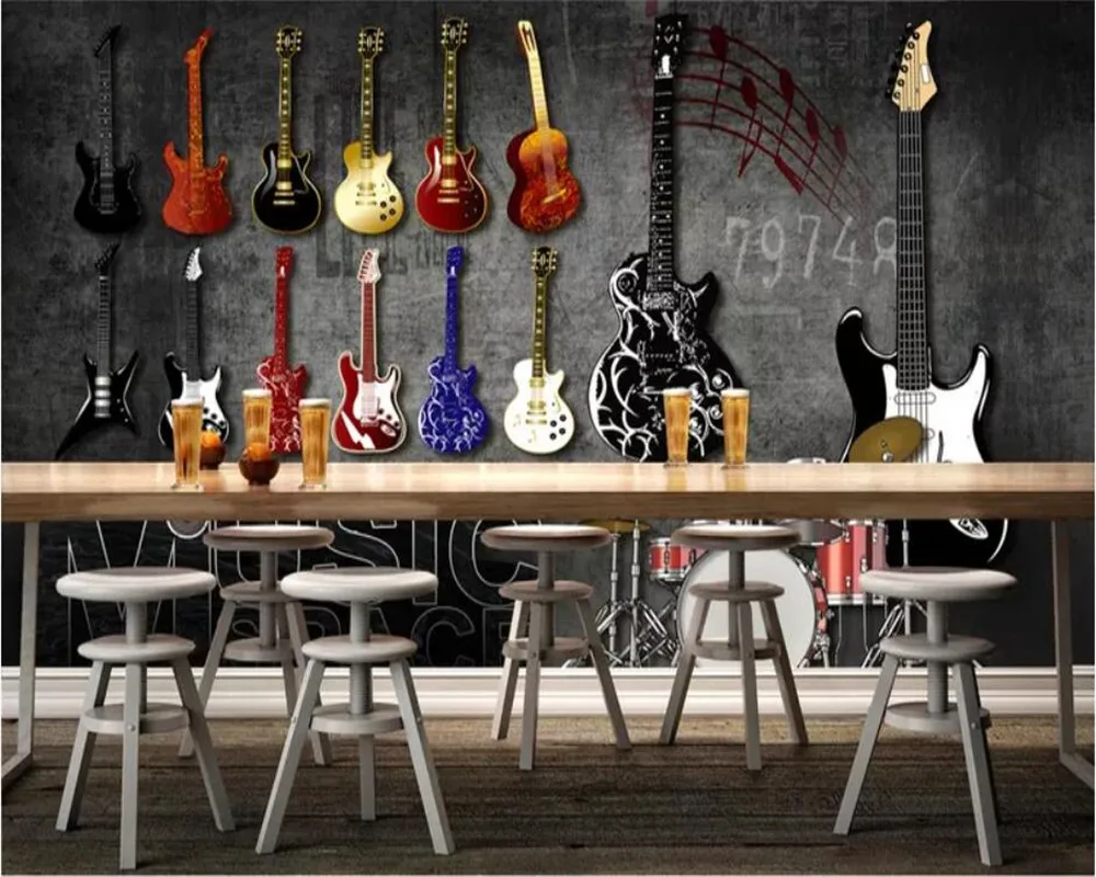 

Custom 3d wallpaper personality graffiti retro nostalgic music guitar background wall living room restaurant wallpaper 3d mural