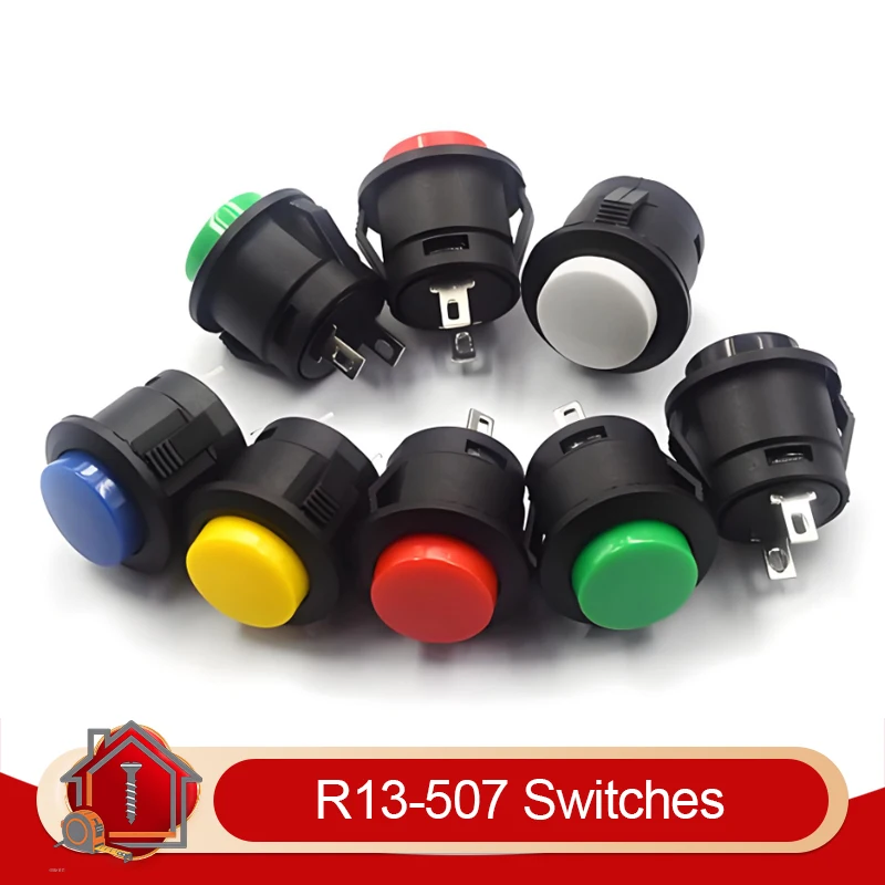 5/10 peças R13-507 Botão de Pressão Momentâneo Preto Azul Vermelho Branco Amarelo Verde 16mm 2 Pinos 6A/125VAC 3A/250VAC Interruptores Redondos