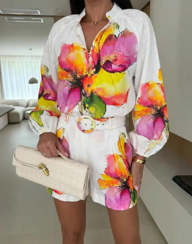 

Two Piece Set Women Outfit 2026 Spring Stand Up Collar Lantern Sleeve Top & High Waisted Elastic Shorts with Belt and Lining