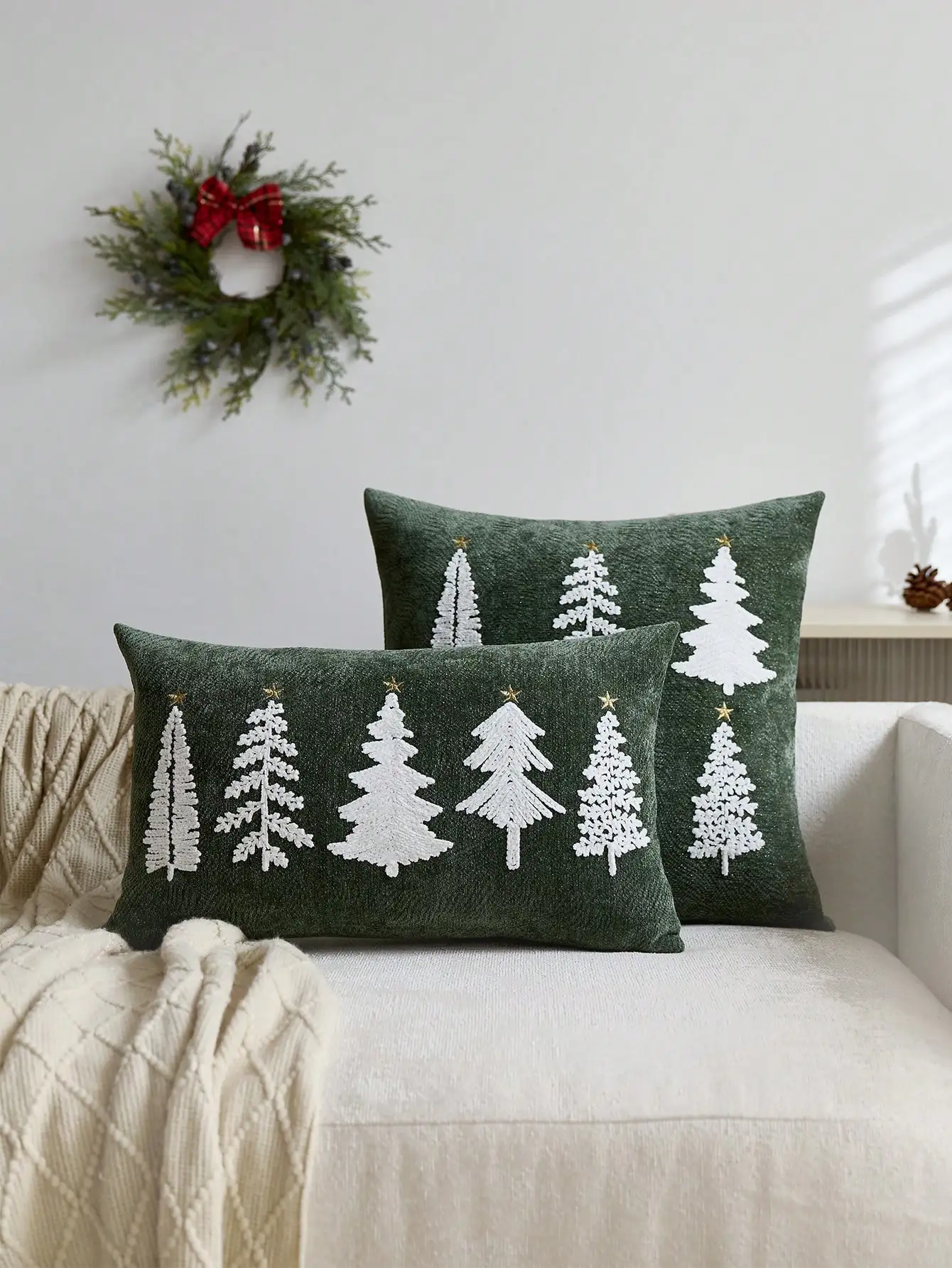 

1pc Beige Xmas Tree Embroidered Pillow Cover No Insert Decor