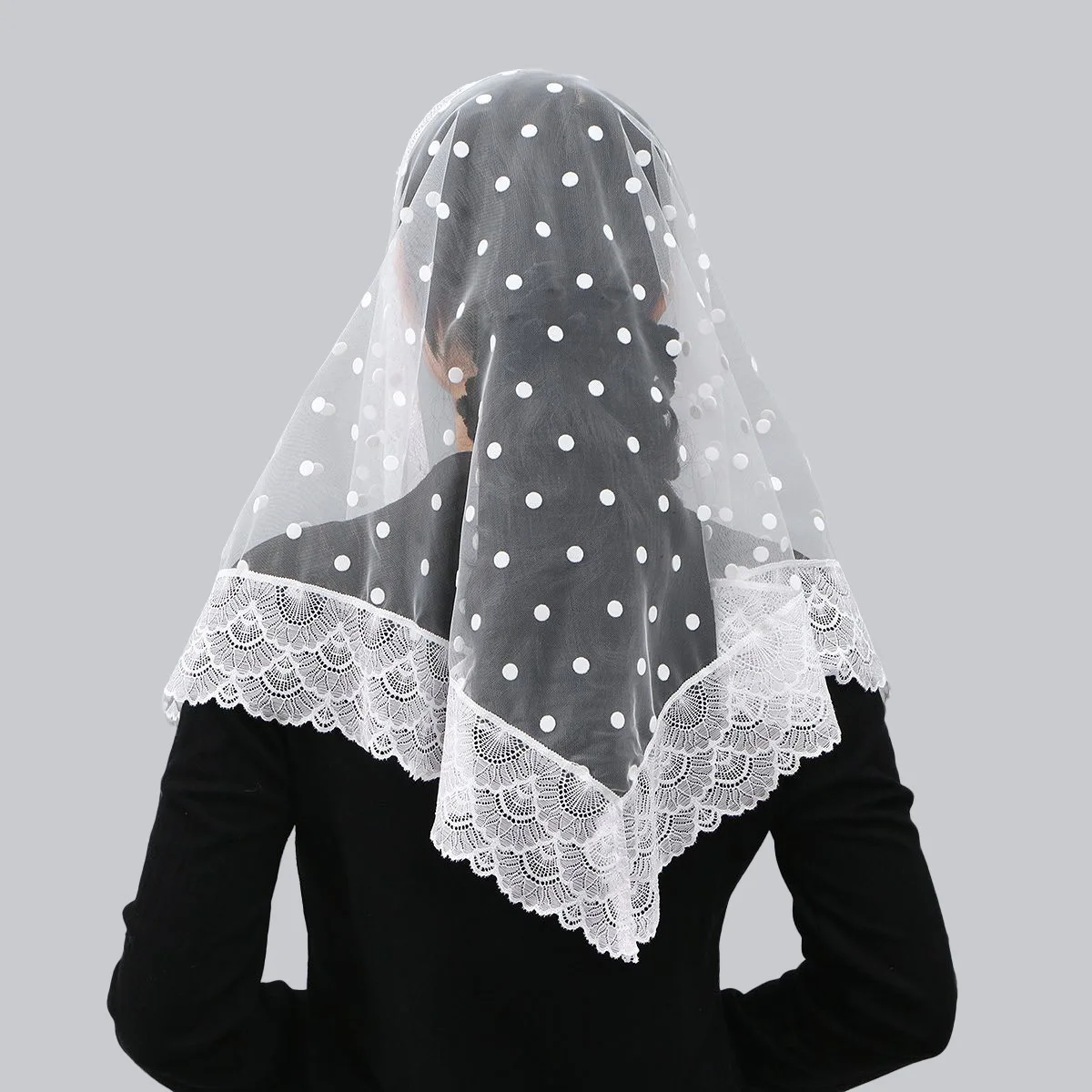 Lace Polka Dot Triangle Scarf, Bridal Wedding Head Cover Shawl, Women's Spring Headpiece, Elegant Veil