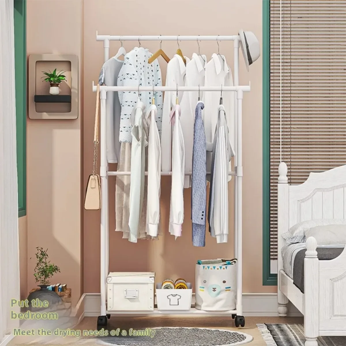 Floor-Standing Coat Rack Double Rod Simple Movable Bedroom Hangers Handbag Purse Clothing Storage Organizer Household Items