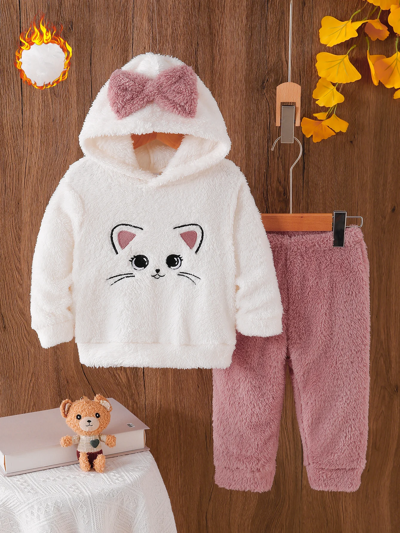 2PCS Baby Girl Winter Fleece Long Sleeve Long Pants Set Cute Cat Embroidery Hooded Butterfly Knot Decorated Newborn Outfit