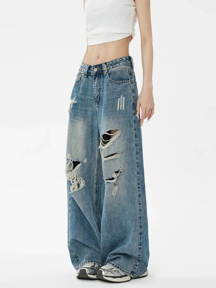 American Retro Ripped Women Jeans Loose High Street Simple Basic Woman Jeans Fashion Casual Slim Chicly Wide Leg Pants Female