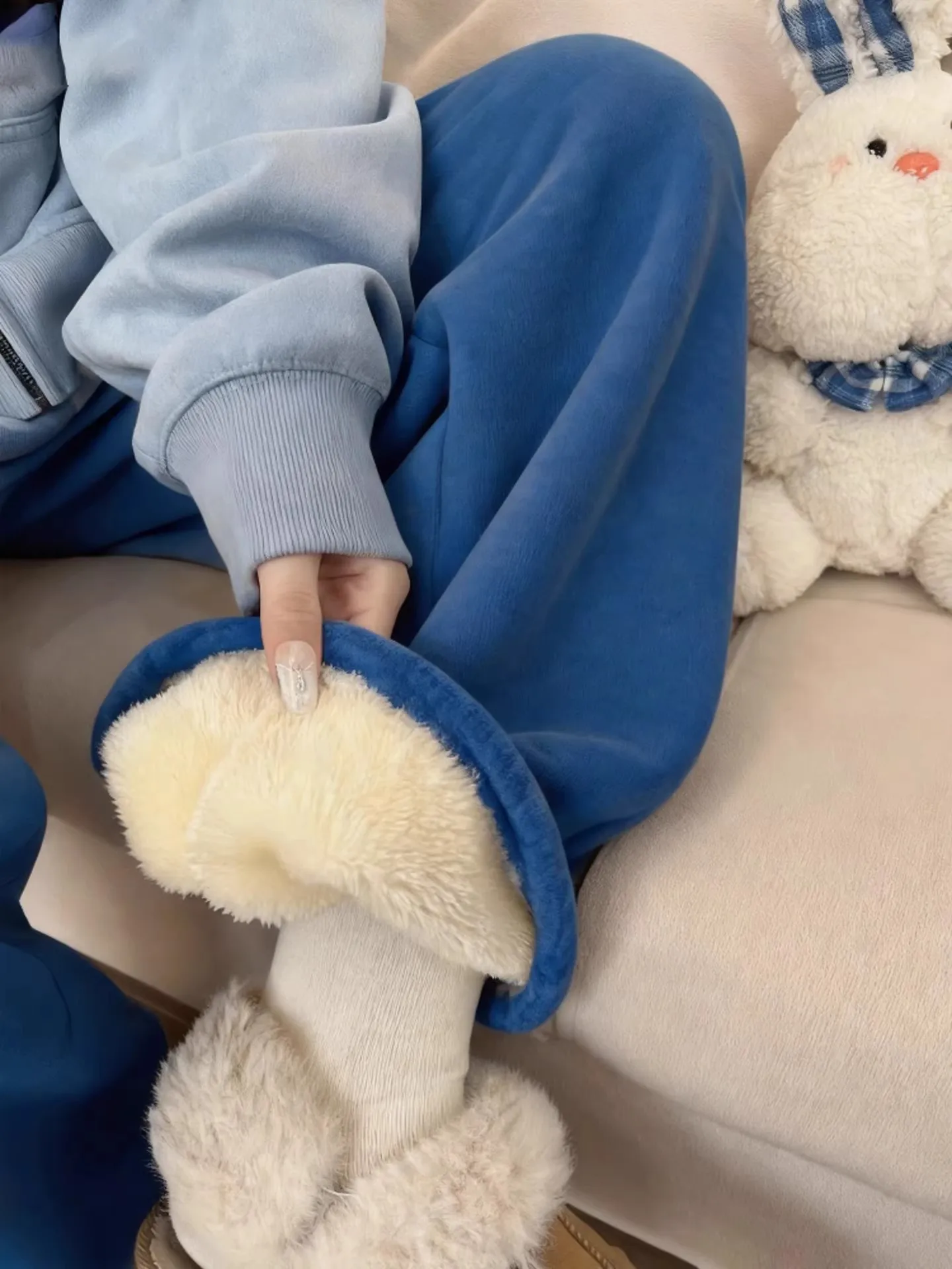 

Blue Thiened Fce Wide Leg Pants Women's Autumn Winter Home Leisure Spwear Cotton Trousers Casual Pants High Waist