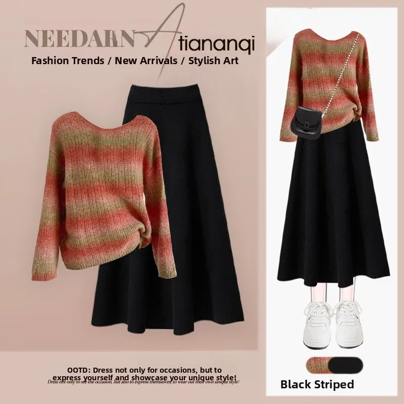 

Fall Faion Korean Sle Sweater Skirt Set Slimming Lazy Sle Two-Piece Suit Women's Casual Wear Comfortable Soft Material