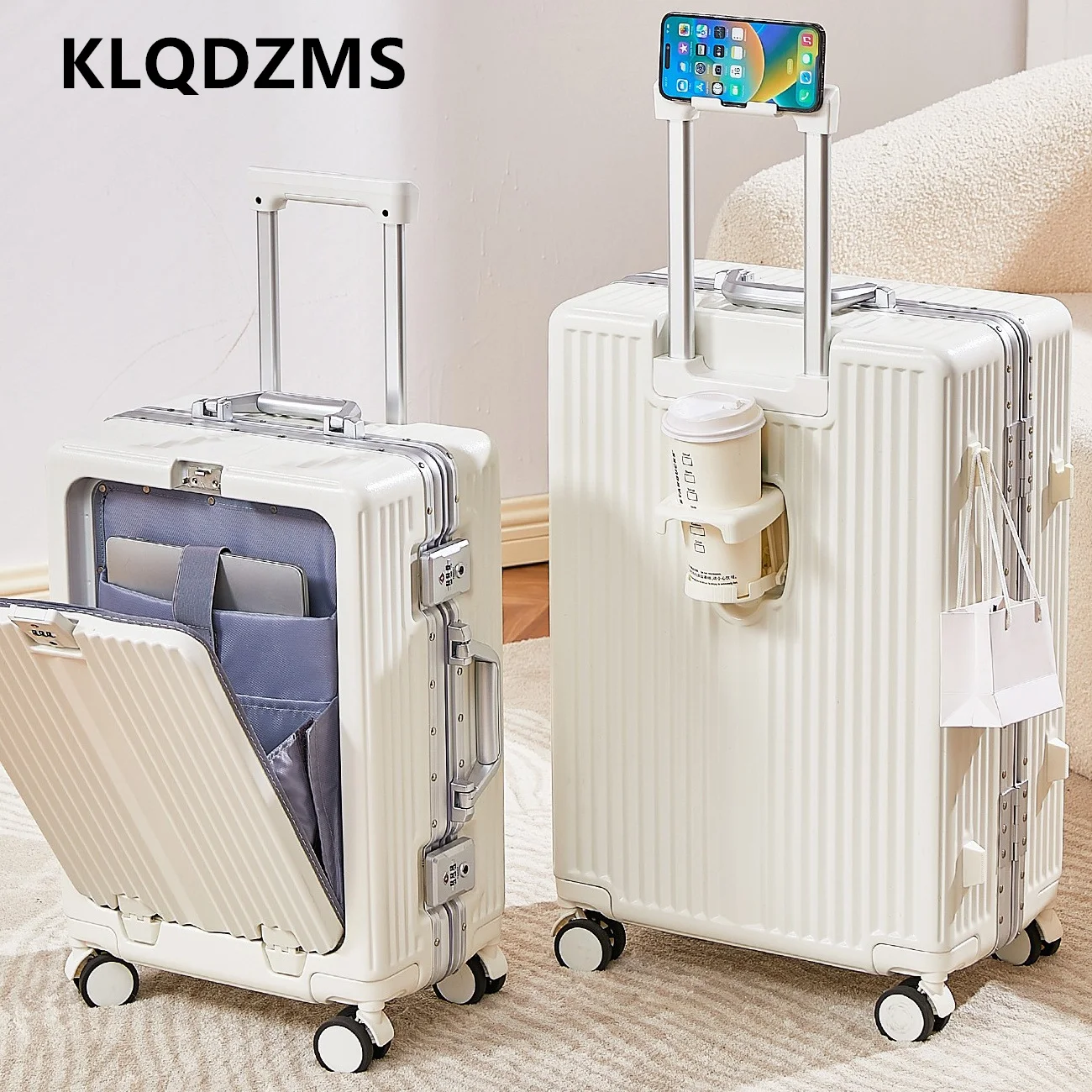 

KLQDZMS Laptop Suitcase Front Opening Boarding Box Aluminum Frame Trolley Case 20"24 Inch USB Charging with Wheels Luggage
