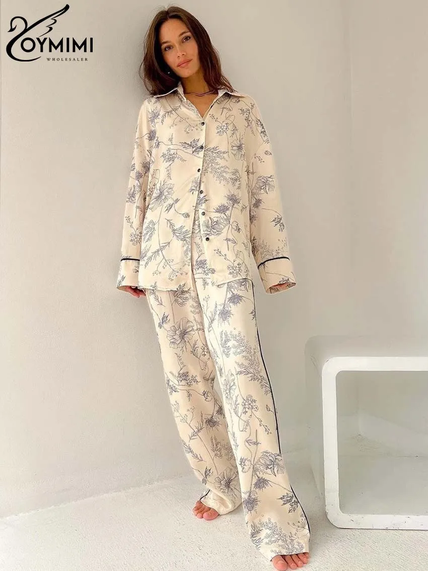 Oymimi Fashion Khaki Print 2 Piece Sets Women Outfit Elegant Lapel Long Sleeve Button Shirts And Straight Trousers Female Sets