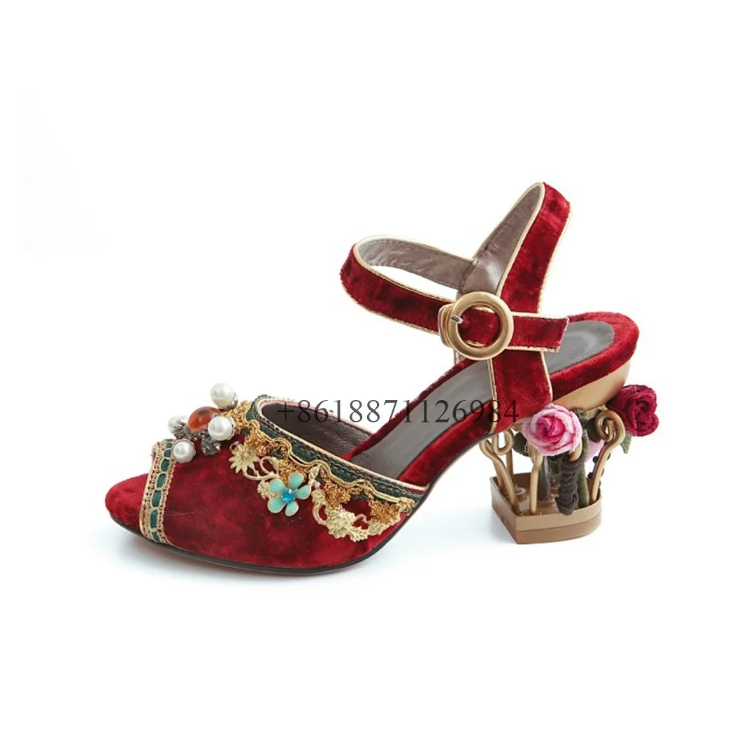 Genuine Leather Peep Toe Women Sandals With Pearl And Flowers Chunky Middle Heels Buckle Strap Design Customized Shoes