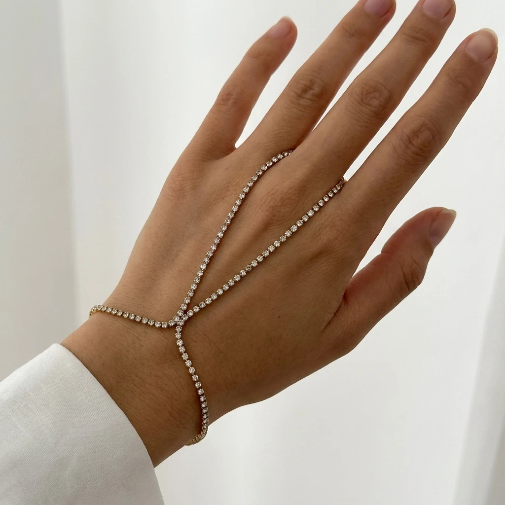 Minimalistisches Edelstahl-Zirkon-Handkettenarmband für Damen, elegantes Fingerketten-Sklavenarmband, täglicher Schmuck, Geschenke