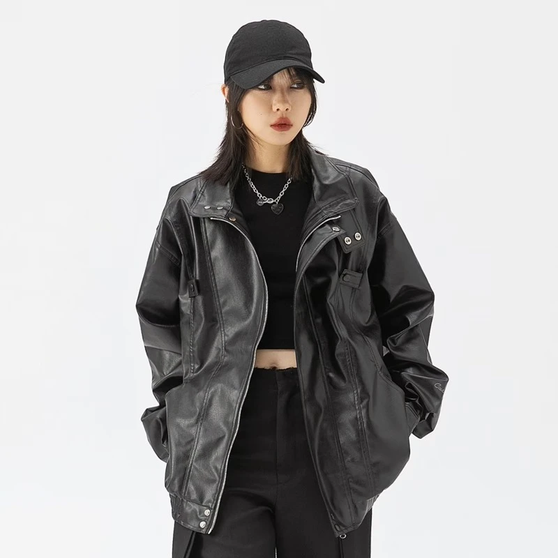 Deeptown Vintage Women\'s Leather Jacket Oversize Korean Style Streetwear Moto Biker Zipper Jackets Gothic Casual Windbreaker