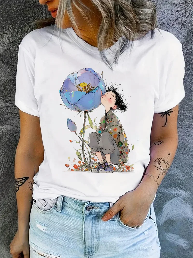 Girl Cute and Fashionable 90s O-Neck Travel Top Women's Casual Cartoon Pattern T-Shirt Short Sleeve Printed Polyester New T-Shir