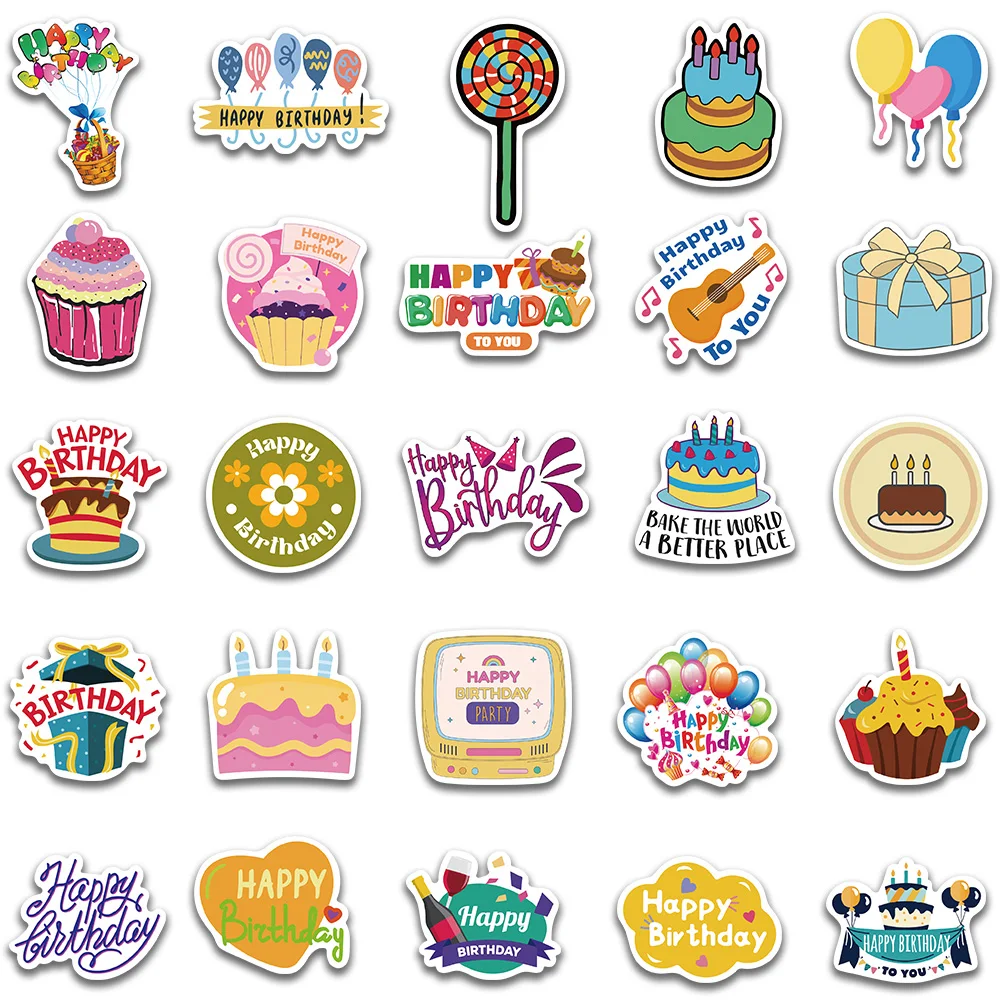 50pcs Cute Cartoon Happy Birthday Stickers For Laptop Luggage Phone Cup Waterproof Graffiti Skateboard Car Decals Kids Toy