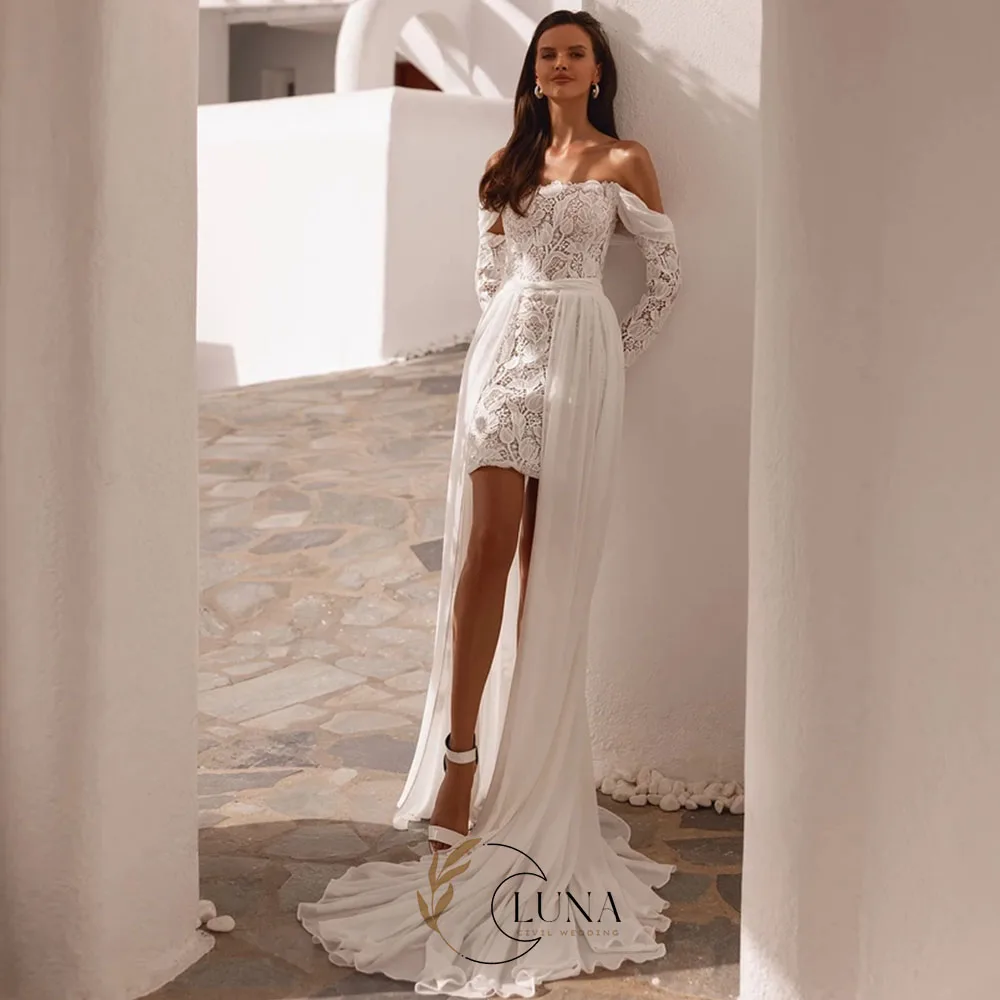Luna Chiffon Detachable Train Wedding Dresses for Women Off The Shoulder Long Sleeve Lace Modern Customzied Bridal Dress