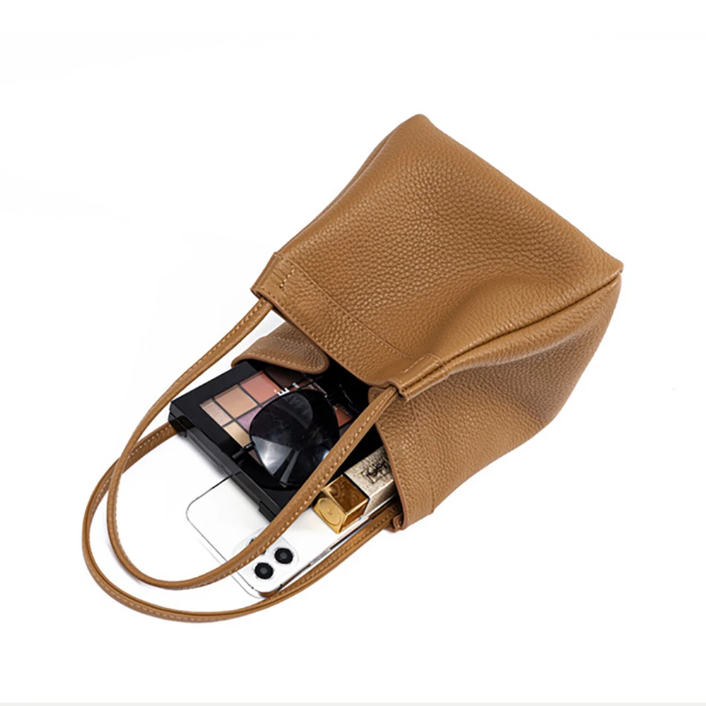 Genuine Leather Women Shoulder Bag Color Fashion Female Square Bucket Purse Solid Versatile Top Handle Underarm Cowhide Tote Bag