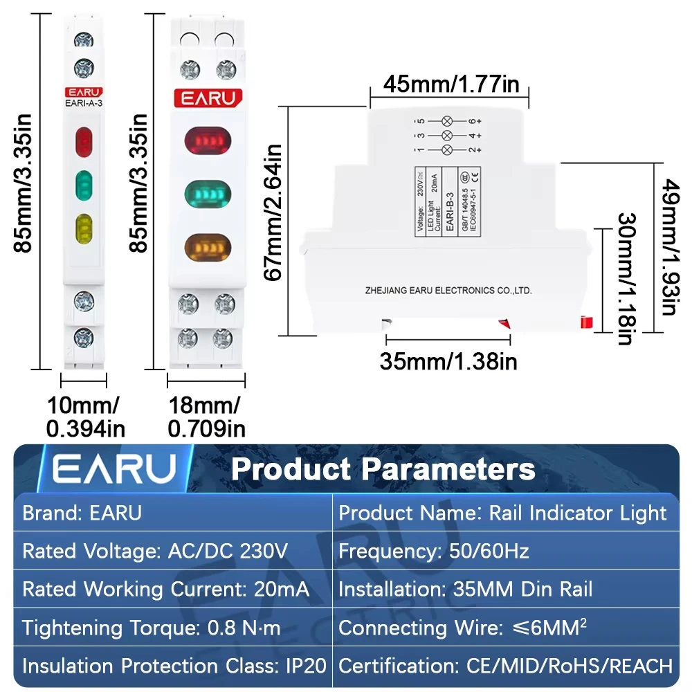 EARU 10/18MM Din Rail Mount LED Pilot Signal Indicator Light Lamp AC DC 230V 50/60Hz Single Dual Tri Color Red Blue Green Yellow image 2