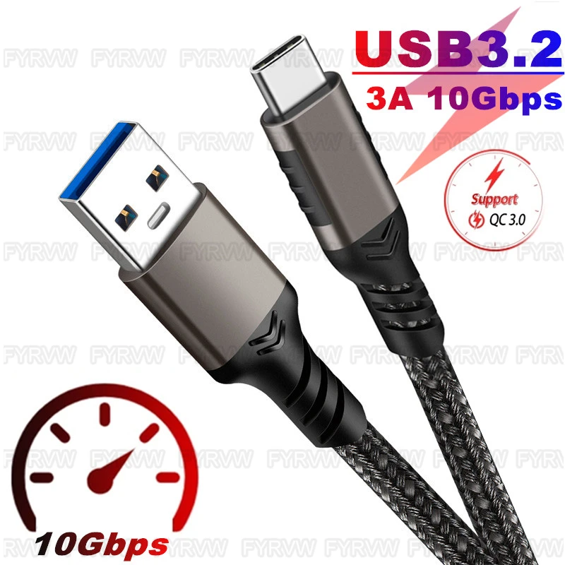 USB3.1 Gen2 10Gbps Cable USB A to USB C Cable 3A 60W QC3.0 Fast Charging for Samsung NVMe Hard Disk External Android Data Cable