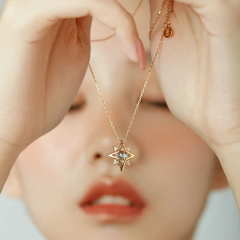 Colar Feminino em Forma de Estrela, Luxo Leve, Retro, Colar de Topázio, Cadeia de Clavícula em Prata Banhada a Ouro, Presente de Aniversário para Mulheres