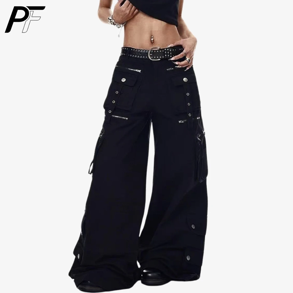 Grunge Techwear Wide Leg Cargo Pants Y2K Utility Trouser with Multi Pockets High Waist Vintage Streetwear Denim Jeans Daily Wear