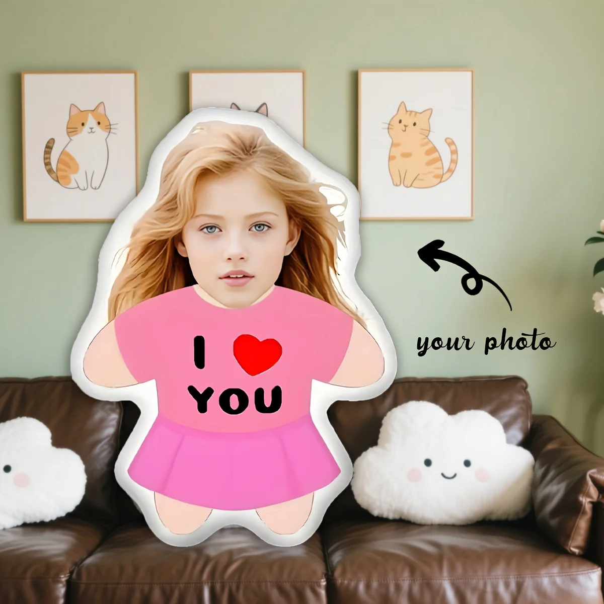 1 Custom Photo Pillow, Pink I Love You Short Sleeve Dress - Suitable for Father's Day, Mother's Day, Halloween, Christmas Eve, V