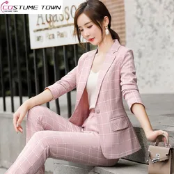 Geruite Splice Slim Fit Jack Blazer Casual Wijde Pijpen Broek Tweedelige Elegante Dames Broek Pak Zomer Kantoor Business Set Outfit