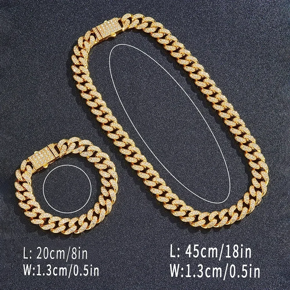 2024 Fashion 12mm Sparkling Rhinestones Men's Cuban Chain, Miami Rap Hip Hop Bracelet Neck Chain Accessories Gift
