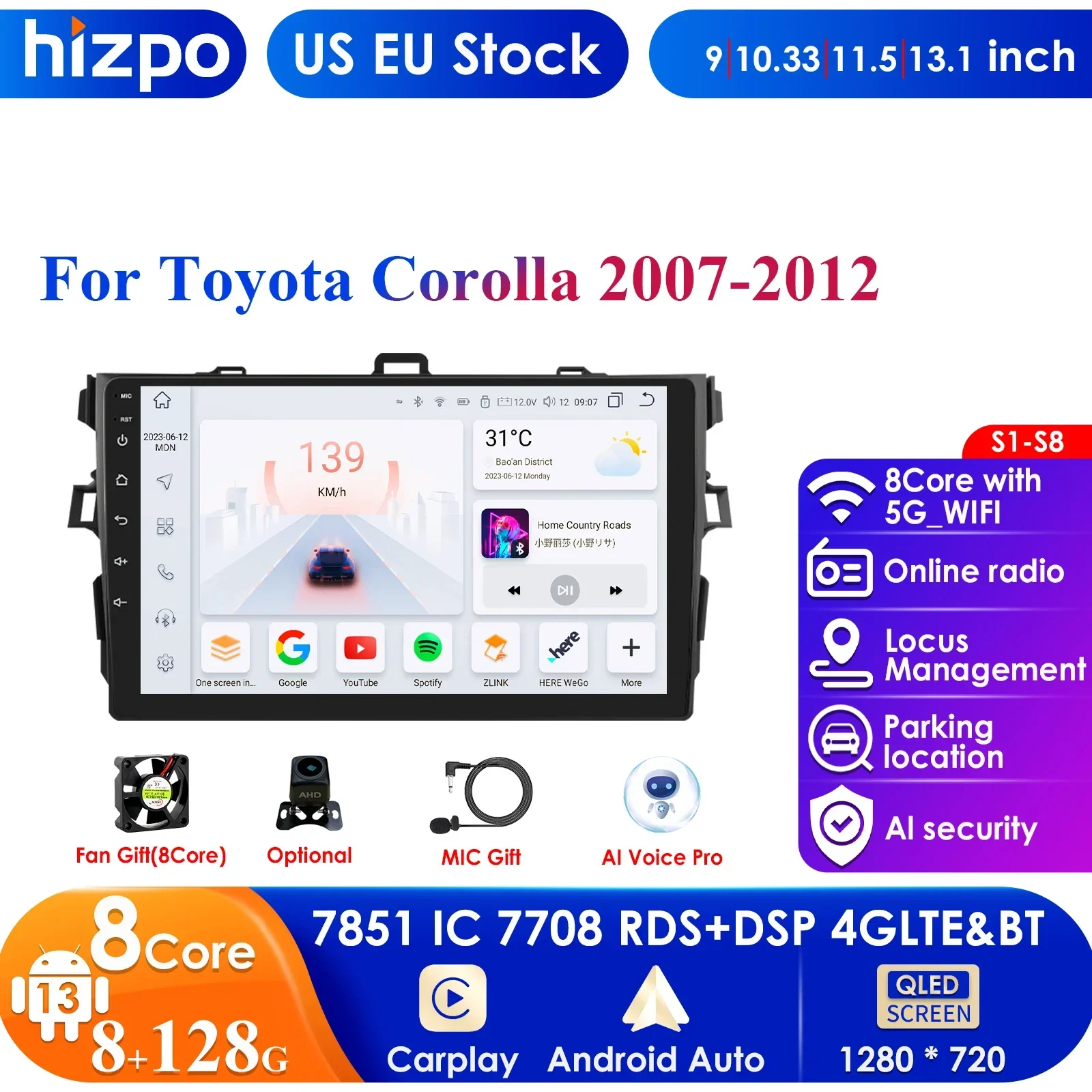 

Hizpo 9 дюймов Android 13 автомобильный радиоприемник для Toyota Corolla 2007 - 2011 Навигация GPS Carplay Авто 4G WIFI 7862 автомобильный Интеллектуальный плеер