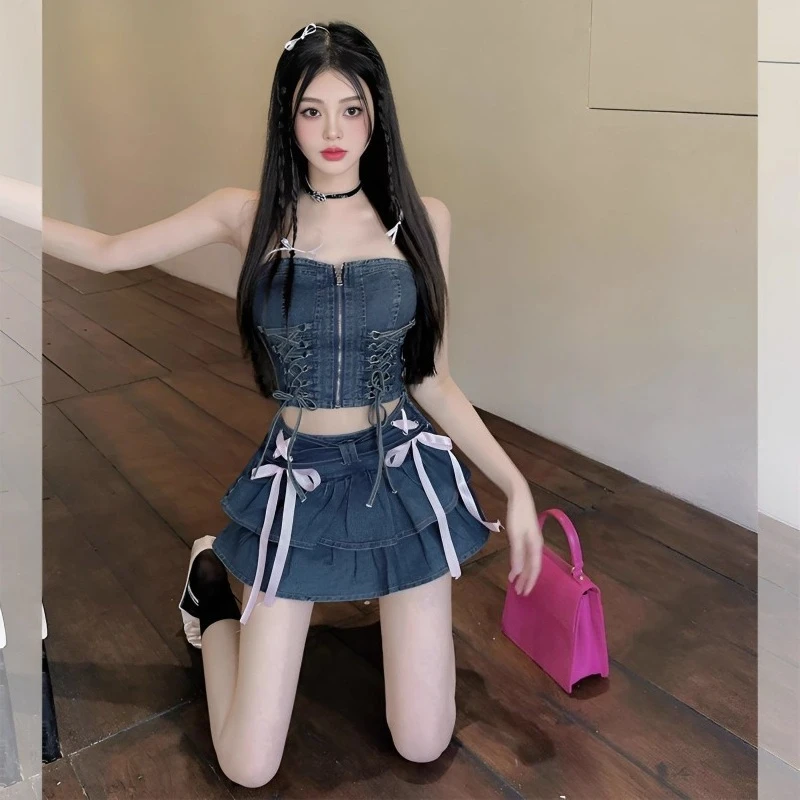 

Y2k Summer Sexy Denim Strapless Vest for Women+ High Waist Bow Ruched Skirts 2025 Fashion Vintage New Two Piece Sets