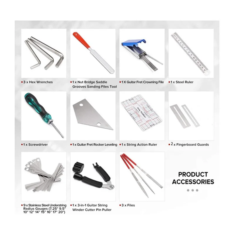 ABMW-Guitar Repair Tool Kit, String Changing Tool, Wrench, Grinding File, Meetliniaal, Stringer, Leveling Ruler, 25 in 1