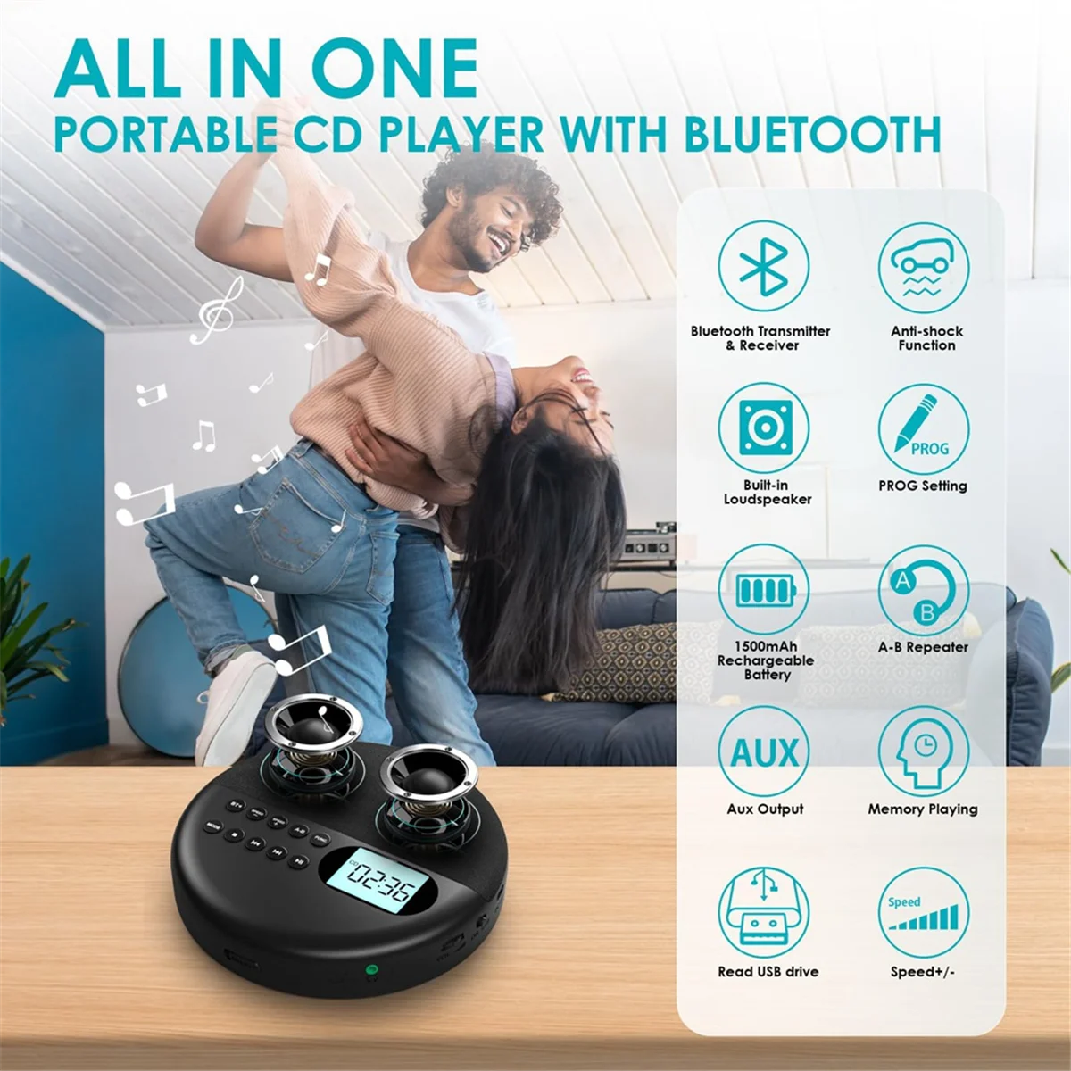 Portable CD Player, Bluetooth CD Player with Speakers Rechargeable CD Player ASP LCD Display with AUX Cable for Car