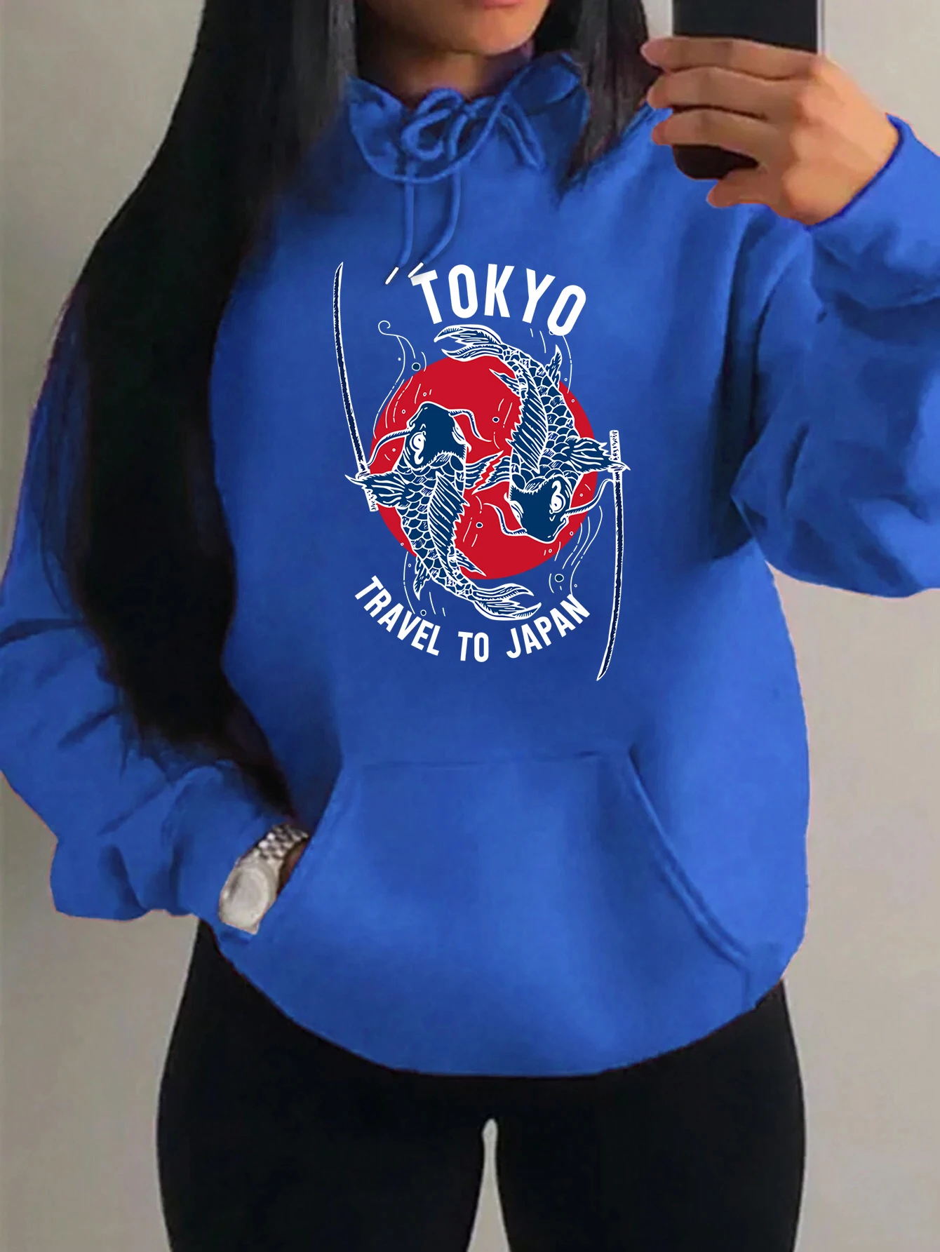 Harajuku Fish Tokyo Travel To Japan Print Hoodies Women Fashion Fleece Pullover Creative Clothes Vintage Pocket Loose Hoody