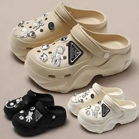 Women DIY Silver Chains Fashion Bear Decor Clogs Summer Sping Autumn Beach Sandals Cave Hole Garden Shoes For Students Girls New