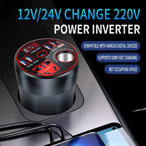 Imagen 1 del producto Inversor de corriente para coche, convertidor de potencia multifuncional de 12V/24V a 220V, pantalla LED, enchufe multifuncional para coche, cargador rápido