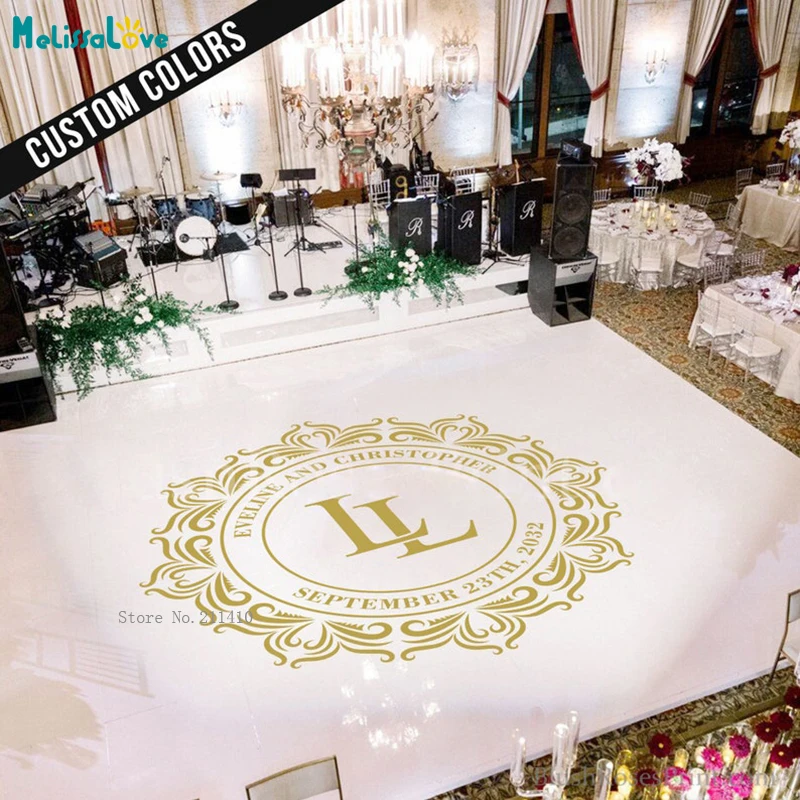 

Large Size Gold Wedding Dance Floor Sticker Vinyl Party Monogram Decals Personalized Name Date Murals Removable YT6687