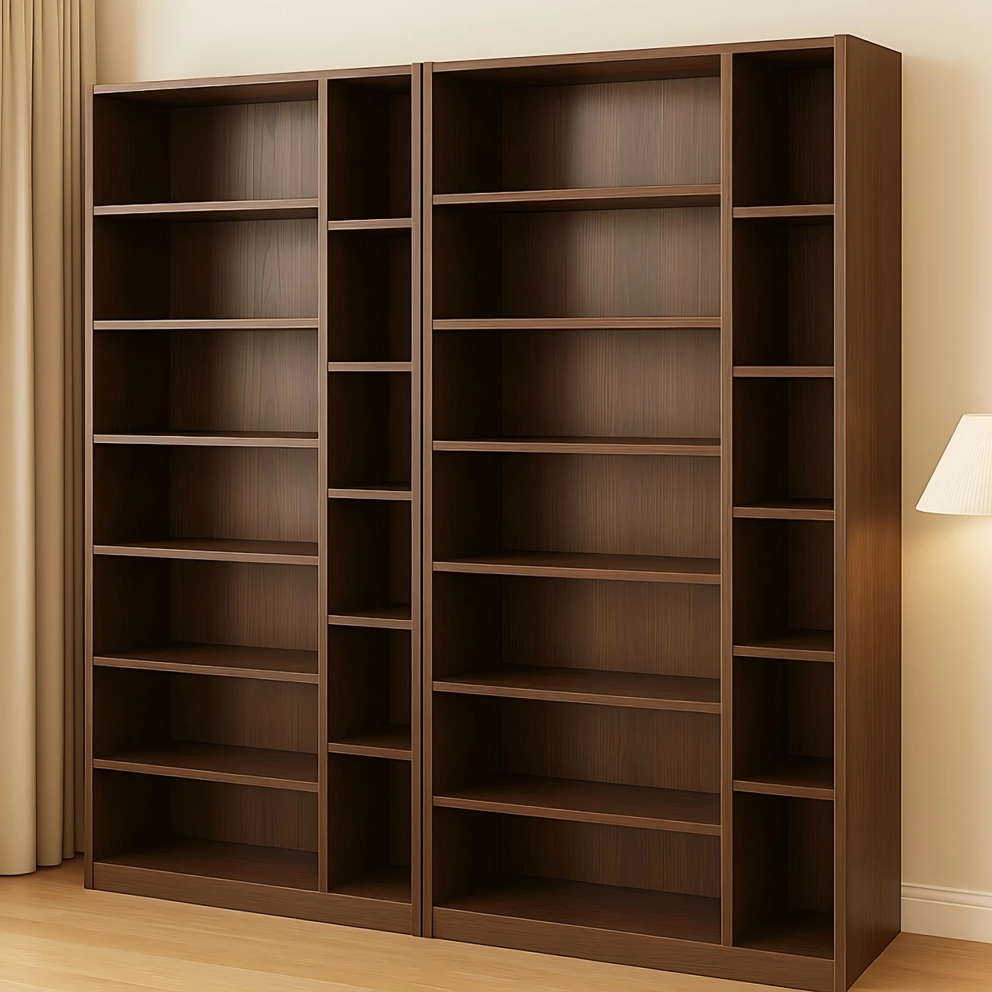 

Solid wood floor-to-ceiling shelves integrated against the wall, the whole wall, household living room display, library bookcase