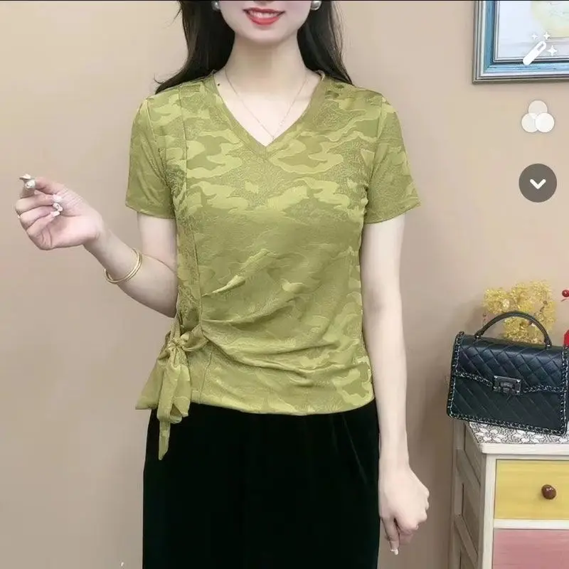 2024 Summer New Short Sleeved Temperament Age Reducing Small Shirt V-neck Fashion Large Size Flesh Covering Western Style Ribbon