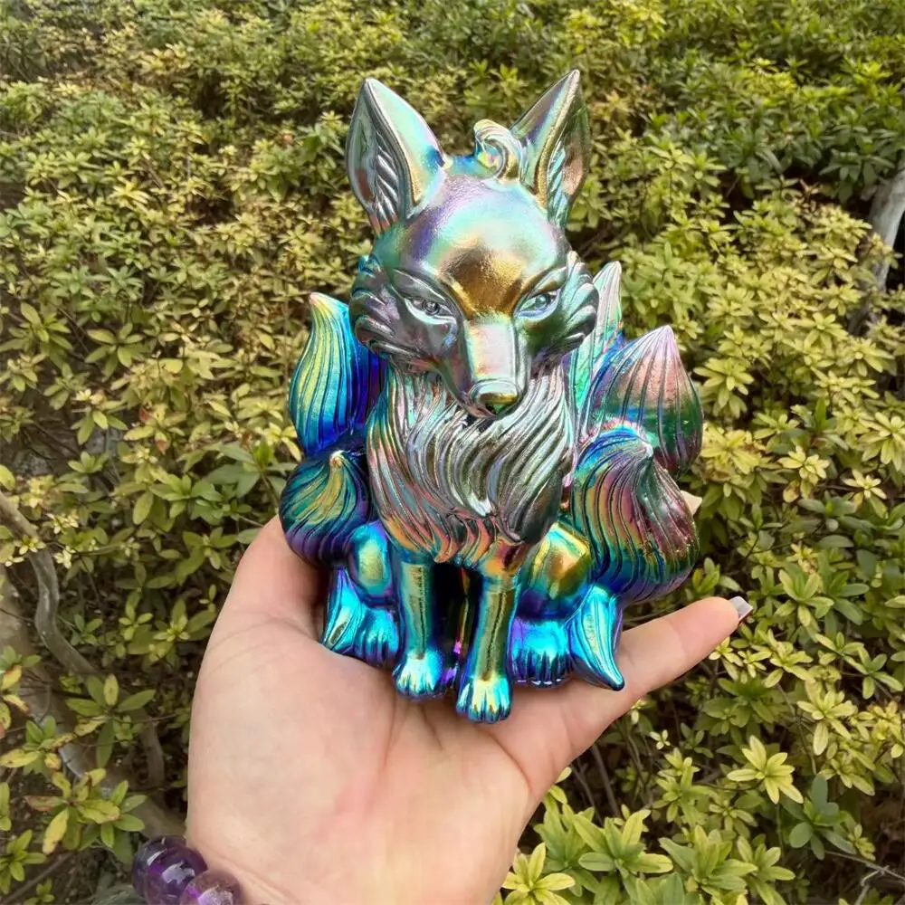 Natural 15cm aura black obsidian nine-tailed fox Carving Polished Healing Crystal Figurine Home Decor Animal Craft Gift 1pcs