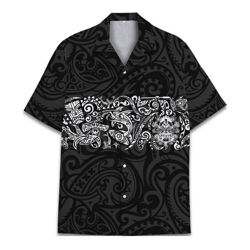 

Polynesian Ethnic Style Tiki Pattern 3D Print Black Shirts Unisex Loose Breathable Lapel Summer Hawaiian Holiday Popular Top