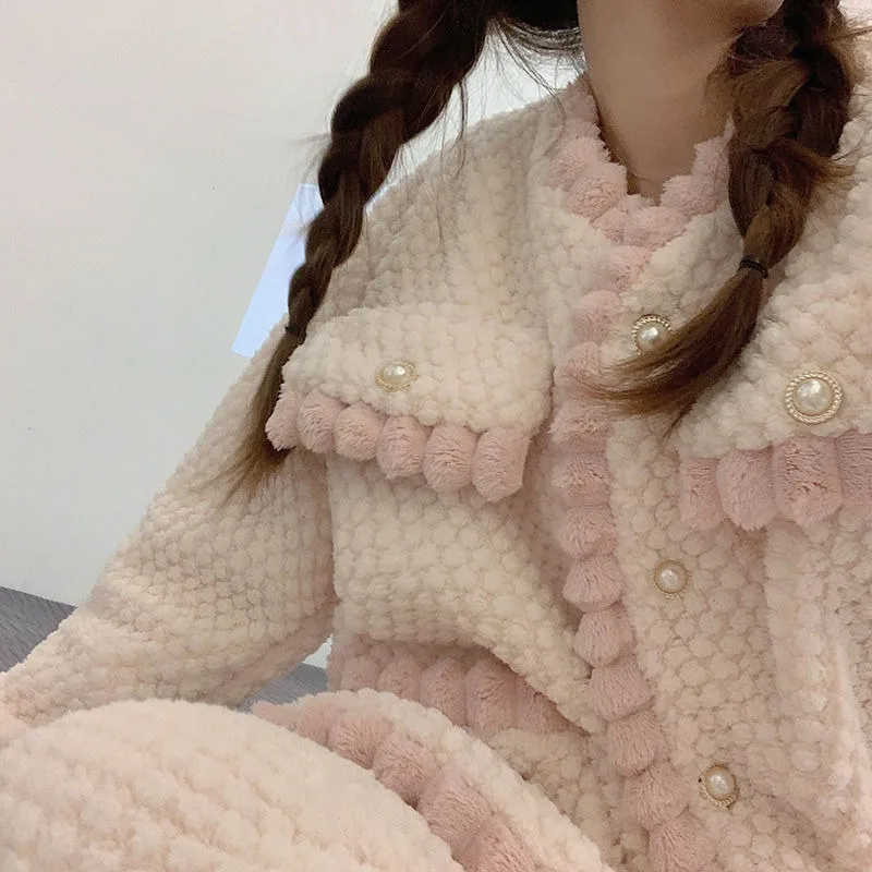 2024 New Pajamas Female Coral Velvet Thickened Sleepwear Autumn Winter Flannel Sweet Student Homewear Fleece Warm Loungewear Set