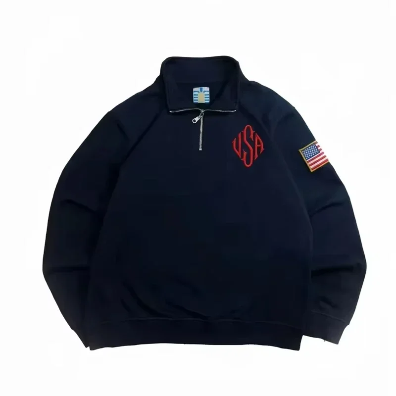 Y2K Marineblaues Sweatshirt mit Viertelreißverschluss, USA-gesticktem Amerika-Flaggen-Patch, Jacke für Männer und Frauen, Vintage Streetwear, Modetrend-Oberteil – Detail 9